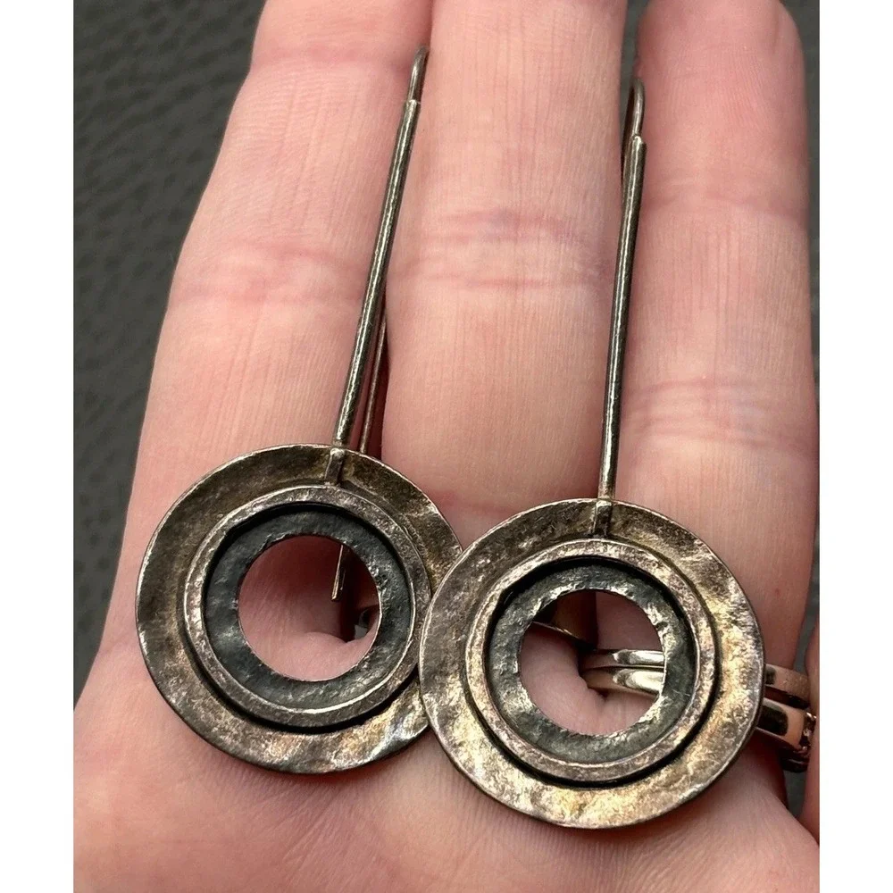 Vintage Silpada Huge Sterling Silver Hammered Circle Drop Earrings Modernist